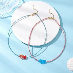 2Pcs 2 Colors Handmade Foil Lampwork Fish & Natural Apatite & Rhodonite Faceted Round Beaded Necklaces for Women&nbsp;NJEW-JN05536