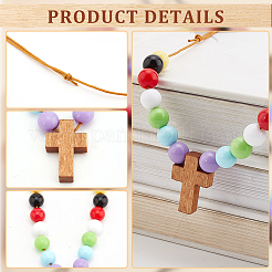 Wood Cross with Acrylic Beaded Pendant Necklaces for Women&nbsp;NJEW-AB00014