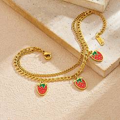 304 Stainless Steel Enamel Red Strawberry Charm 2-Strand Bracelets for Women&nbsp;WG018B1-01