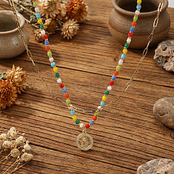 Boho Brass Crystal Rhinestone Religion Virgin Pendant Rainbow Glass Seed Beaded Double Layer Necklaces with Stainless Steel Paperclip Chains&nbsp;EI6810-1