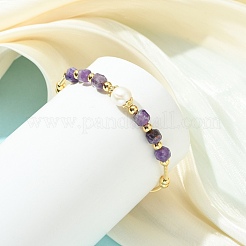Natural Amethyst & Freshwater Pearl Beaded Copper French Wired Cuff Bangles for Women&nbsp;BJEW-JB13987-02