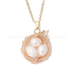 Natural Cultured Freshwater Pearl Copper Wire Wrapped Bird Egg Nest Pendant Necklaces&nbsp;NJEW-TA00189