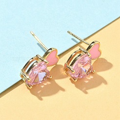 Heart Brass Cubic Zirconia Stud Earrings&nbsp;EJEW-A132-05G