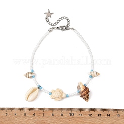 Ocean Natural Mixed Shell & Synthetic Turquoise Turtle & Glass Seed Beaded Anklets for Women&nbsp;AJEW-AN00860