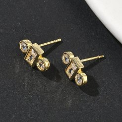 Rectangle with Flat Round Brass Micro Pave Clear Cubic Zirconia Stud Earrings&nbsp;EJEW-G452-12G