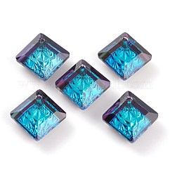 Embossed Glass Rhinestone Pendants, Abnormity Embossed Style, Rhombus, Faceted, Bermuda Blue, Diagonal Length: 13mm, Side Length: 10mm, 13x13x5mm, Hole: 1.2mm