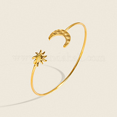 304 Stainless Steel Textured Moon and Sun Open Cuff Bangles for Women, Golden, Inner Diameter: 2.56 inch(6.5cm)