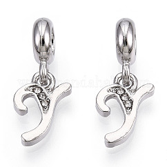 Platinum Rack Plating Alloy Rhinestone European Dangle Charms, Large Hole Pendants, Letter, Cadmium Free & Lead Free, Letter.Y, 23~27mm, Hole: 4.5mm, Pendants: 13~16.5x6~14x2mm, hole: 2mm