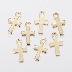 304 Stainless Steel Tiny Cross Charms, Real 18K Gold Plated, 12x7x1mm, Hole: 1.5mm