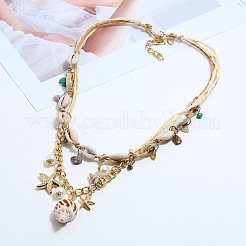 Bohemian Natural Shell & Alloy Starfish & Plastic Pearl Pendant Raffia Cord Double Layer Necklaces for Women&nbsp;FS-WG267BD-02