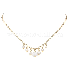 Natural Pearl Potatp Tassel Pendant 304 Stainless Steel Paperclip Chain Necklaces for Women&nbsp;NJEW-JN05924