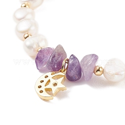 Natural Amethyst Chips & Pearl Beaded Bracelet&nbsp;BJEW-JB08236-02