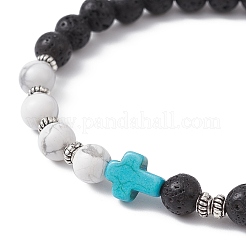 Cross Synthetic Turquoise & Natural Howlite & Lava Rock Beaded Stretch Bracelet&nbsp;BJEW-JB09765-02