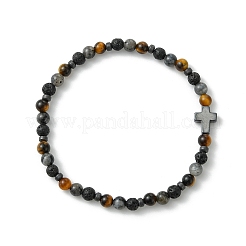 Natural Lava Rock & Tiger Eye & Synthetic Non-magnetic Hematite Beaded Stretch Bracelets for Women Men&nbsp;BJEW-JB13943
