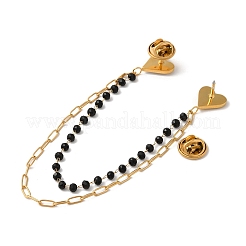 304 Stainless Steel Micro Pave Clear Cubic Zirconia & Dyed Black Stone Heart Hanging Chain Brooch&nbsp;JEWB-S021-06G