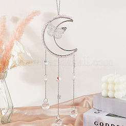 Natural Rose Quartz Chips & Metal Moon Butterfly Hanging Ornaments&nbsp;AJEW-WH20080-03A