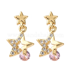 Brass Micro Pave Cubic Zirconia Star Dangle Stud Earrings&nbsp;EJEW-K267-22G