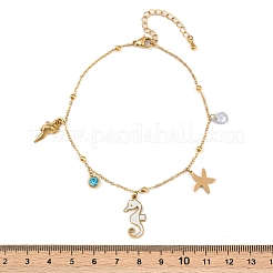304 Stainless Steel Pave Deep Sky Blue Cubic Zirconia Enamel Sea Horse Starfish Conch Charm Anklets for Women&nbsp;AJEW-G069-03G