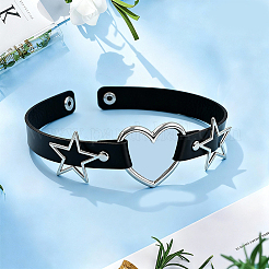 Punk Rock Style Alloy Star Heart Link Imitation Leather Chocker Necklaces&nbsp;NJEW-WH20004-20A