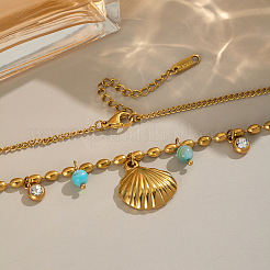 Stainless Steel Shell Shape Pendant with Clear Cubic Zircon & Dyed Shell Tassel Necklaces for Women&nbsp;ZN3390