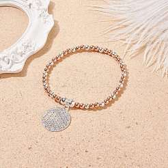 Two Tone Brass Round Beaded Stretch Bracelet with Flower Charm for Women&nbsp;BJEW-JB08598