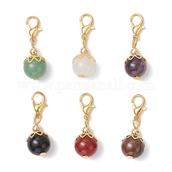 6Pcs Round Natural Black Onyx & Carnelian & Amethyst & Tiger Eye & Green Aventurine & White Jade Pendant Decorations&nbsp;HJEW-JM03831-01