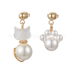 Cat Shape & Paw Print Brass Natural White Shell Dangle Stud Earrings&nbsp;EJEW-TA00644