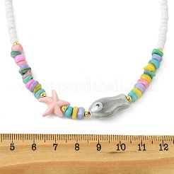 Ocean Synthetic Turquoise Starfish & Handmade Porcelain Fish & Glass Seed Beaded Necklaces for Women&nbsp;NJEW-JN06221