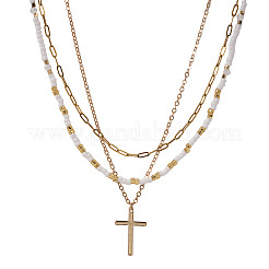 304 Stainless Steel Religion Cross Pendant Glass Seed Beaded 3 Layer Necklaces for Women&nbsp;WI3210