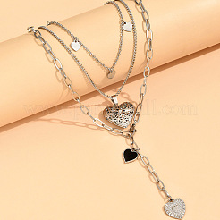 2Pcs Heart Brass Black Enamel Pendant 3 Layer Necklaces for Women&nbsp;FS-WGFF7B3-01