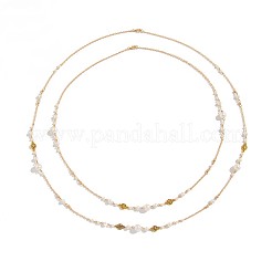 Alloy & Iron Flat Round & Imitation Pearl Round Link Chain Double Layer Long Necklaces for Women&nbsp;FS-WGC7310-02