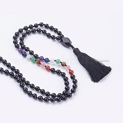Natural Dyed & Heated Black Agate Tassel Pendant Necklaces&nbsp;NJEW-P193-B01