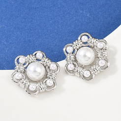 Flower Brass ABS Imitation Pearl Stud Earrings&nbsp;EJEW-M082-09P