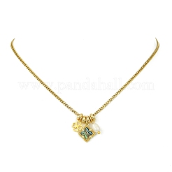 Brass Natural Paua Shell & Pearl Pendant 304 Stainless Steel Curb Chain Necklaces for Women&nbsp;NJEW-JN06258-03