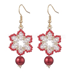 Glass Seed & Shell Pearl & Acrylic Braided Flower Dangle Earrings&nbsp;EJEW-MZ00071