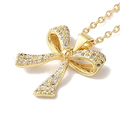 Brass Micro Pave Clear Cubic Zirconia Cable Chain Bowknot Pendant Necklaces for Women&nbsp;LS-NJEW-C054-02C-G