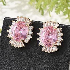 Oval Brass Micro Pave Cubic Zirconia Stud Earrings for Women&nbsp;EJEW-G428-27G-04