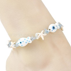 Ocean Natural Aquamarine Chip & Synthetic Turquoise Starfish & Handmade Porcelain Fish Beaded Anklets for Women&nbsp;AJEW-AN00865
