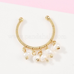 Brass Natural Freshwater Pearl Adjustable Open Cuff Rings for Women&nbsp;RJEW-U064-01G