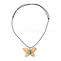 Alloy with Synthetic Turquoise Hollow Butterfly Pendant Black Waxed Cord Long Necklaces for Women&nbsp;FS-WG6109F-01