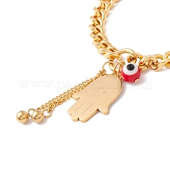 Round Lampwork & Hamsa Hand with Evil Eye Charm Bracelet with 304 Stainless Steel Chain for Women&nbsp;STAS-P304-17G