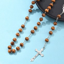 Religious Prayer Pine Wood Beaded Lariat Necklace&nbsp;BJEW-O140-04P