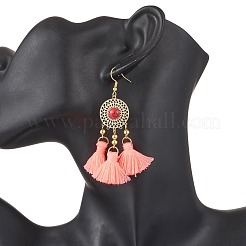 Flat Round 304 Stainless Steel Polycotton Tassel Chandelier Earrings&nbsp;EJEW-JE06452