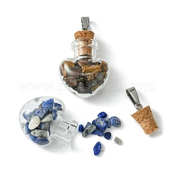 7Pcs 7 Styles Natural & Synthetic Mixed Stone Chip Heart Glass Wishing Bottle Pendants&nbsp;PALLOY-JF02502