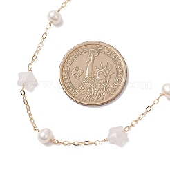 Natural Rose Quartz Star & Natural Freshwater Pearl & Brass Link Chain Necklaces&nbsp;NJEW-JN05687-01