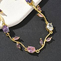 Brass Micro Pave Cubic Zirconia Oval & Leaf Link Chain Bracelets for Women&nbsp;BJEW-G764-05G-01