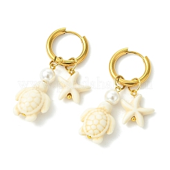 Tortoise & Starfish Synthetic Turquoise Hoop Earrings&nbsp;EJEW-JE07147-01