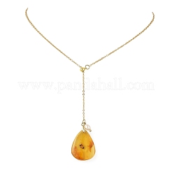 Natural Amber Teardrop Pendant Lariat Y Necklaces with Brass Cable Chains and Natural Pearl for Women&nbsp;NJEW-JN06607