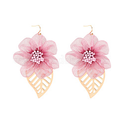 Flower with Leaf Alloy Cloth Dangle Earrings&nbsp;FS-WG075D7-01
