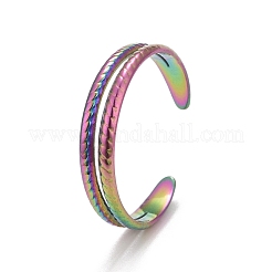 Rainbow Color Ion Plating(IP) 304 Stainless Steel Double Line Open Cuff Ring for Women&nbsp;RJEW-A005-41MC